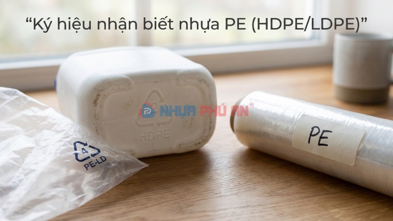 Cận cảnh ký hiệu nhận biết nhựa PE gồm HDPE số 2 và LDPE số 4