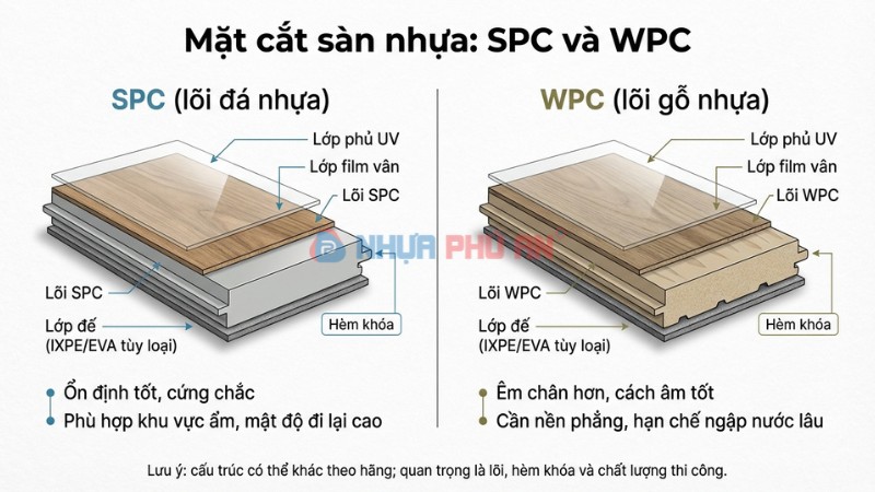 Infographic mặt cắt sàn nhựa SPC và WPC gồm lớp UV film vân lõi và hèm khóa