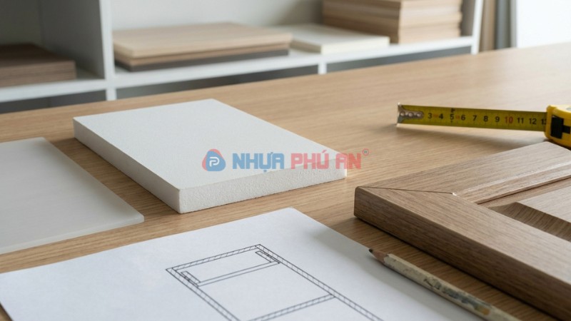 Mẫu tấm nhựa phổ biến dùng làm tủ bếp như PVC foam và PP dạng tấm