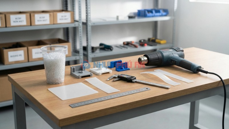 Minh họa nhựa nhiệt dẻo với hạt nhựa tấm nhựa và mẫu nhựa uốn mềm khi gia nhiệt