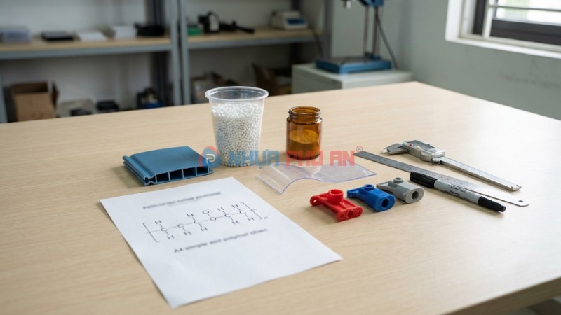 Minh họa khái niệm vật liệu nhựa gồm hạt nhựa phụ gia tấm nhựa và linh kiện ép phun