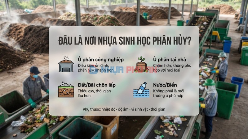 Infographic nhựa sinh học phân hủy ở đâu gồm ủ công nghiệp ủ tại nhà đất và nước biển