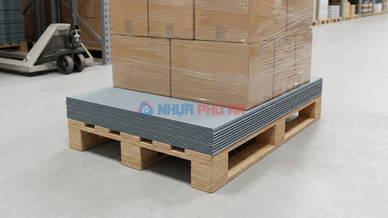 Tấm nhựa Danpla lót trên pallet bên dưới thùng carton giúp kiện hàng ổn định