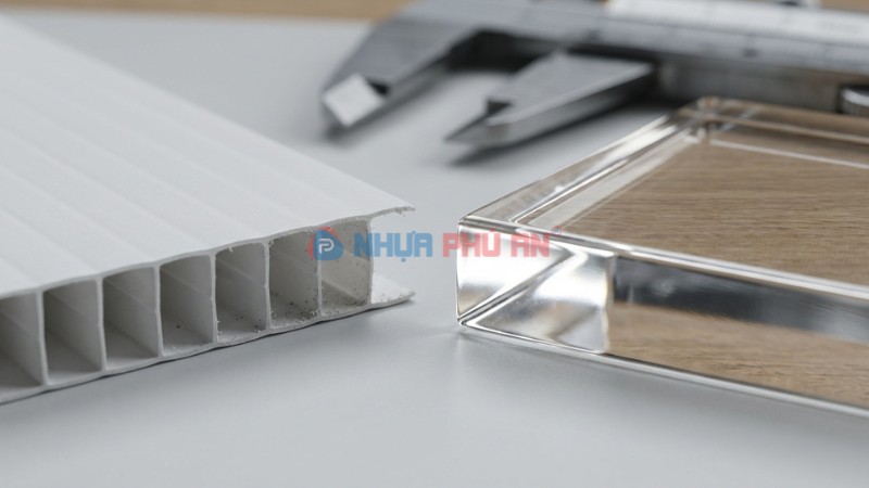 Cận cảnh cạnh cắt Danpla rỗng gân sóng và mica đặc trong suốt