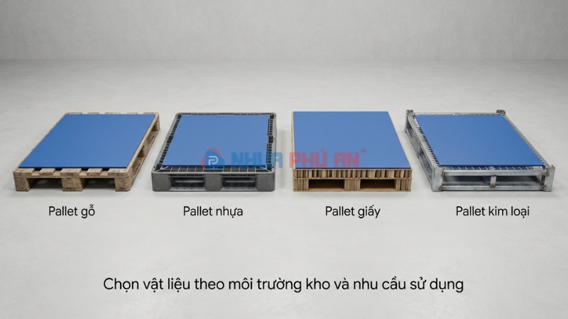 so sánh pallet gỗ nhựa giấy kim loại có tấm Danpla lót màu đồng nhất