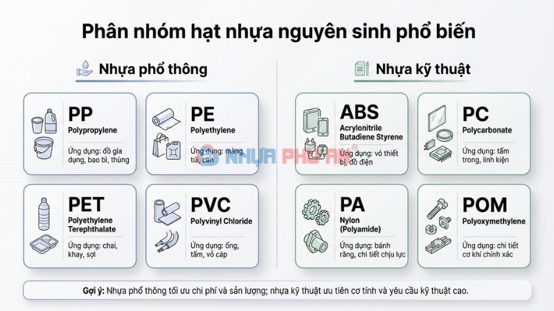 Infographic phân nhóm nhựa phổ thông và nhựa kỹ thuật gồm PP PE PET PVC ABS PC PA POM