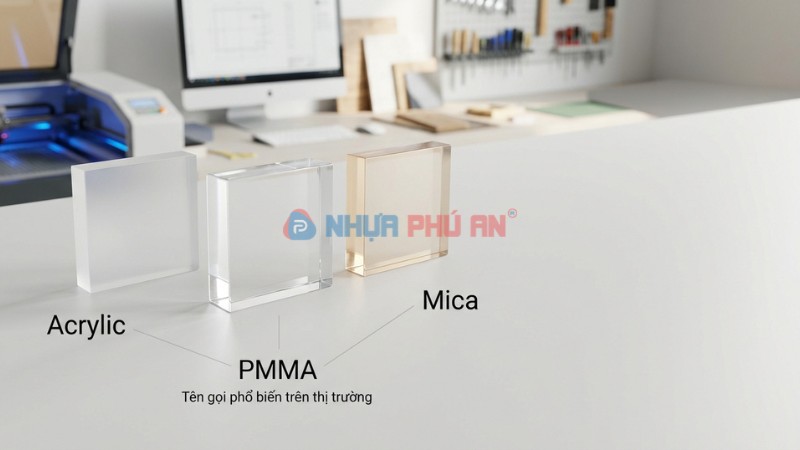 Minh họa PMMA và tên gọi mica acrylic trên thị trường, mẫu tấm nhựa trong suốt và mờ