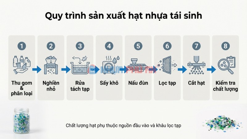 Infographic quy trình sản xuất hạt nhựa tái sinh từ thu gom đến kiểm tra