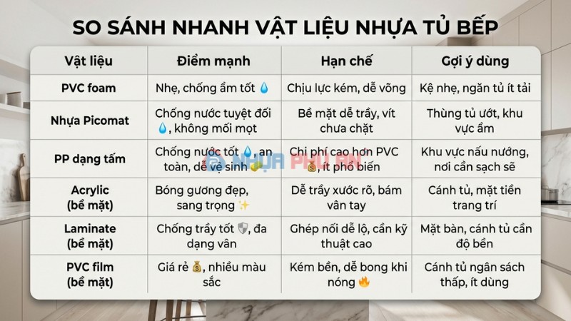 Sơ đồ chọn vật liệu nhựa tủ bếp theo khu vực khoang chậu rửa gần bếp nấu tủ trên và tủ dưới