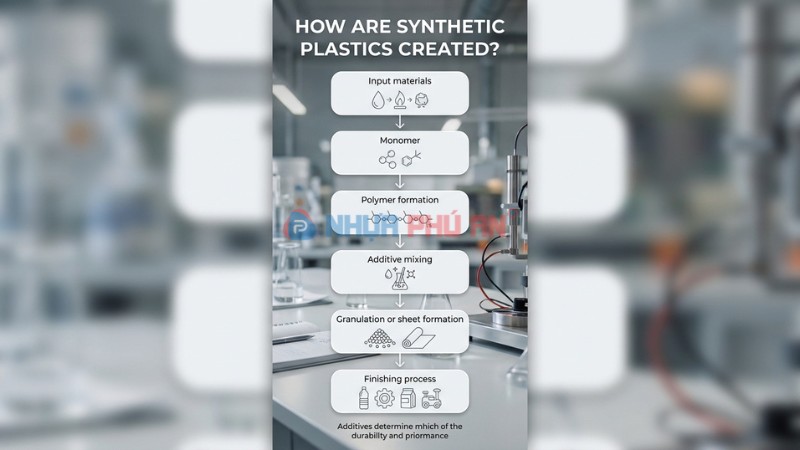 Sơ đồ quy trình tạo ra nhựa tổng hợp từ nguyên liệu đầu vào tới gia công thành phẩm