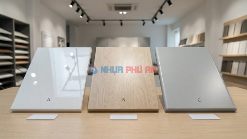 So sánh bề mặt cánh tủ bếp acrylic bóng laminate mờ và PVC film