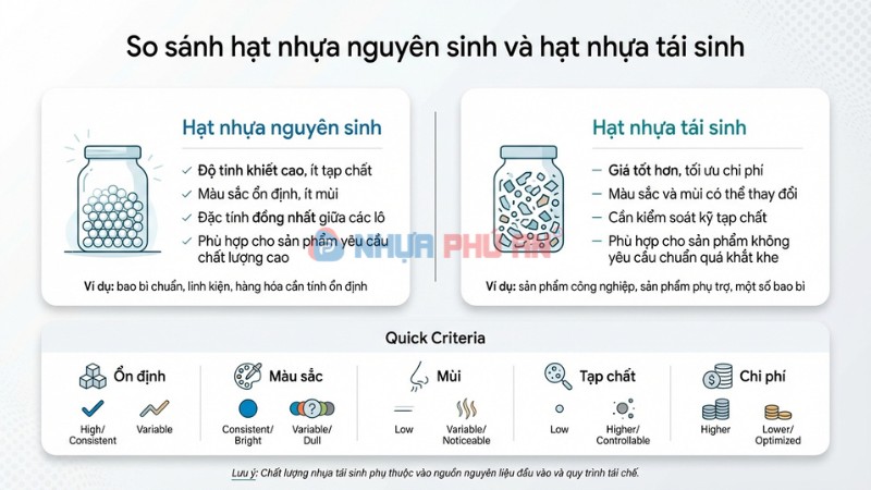 Infographic so sánh hạt nhựa nguyên sinh và hạt nhựa tái sinh theo độ sạch màu mùi tạp chất