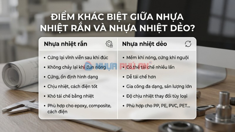 Infographic so sánh nhựa nhiệt rắn và nhựa nhiệt dẻo theo khả năng nóng chảy tái gia công và ứng dụng