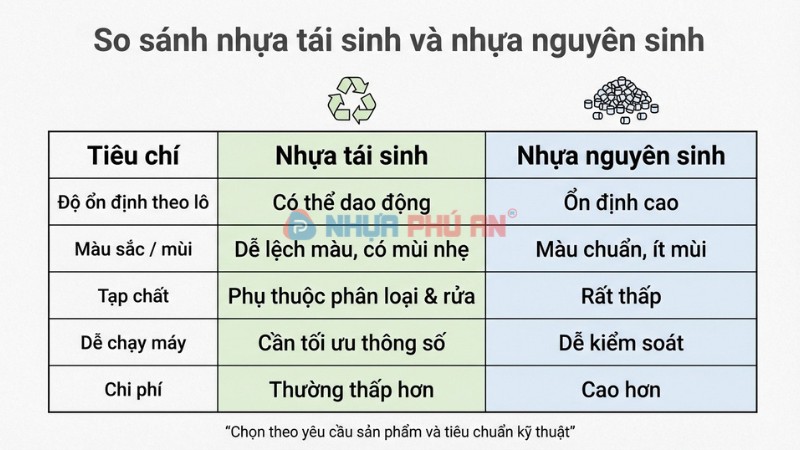 Bảng so sánh nhựa tái sinh và nhựa nguyên sinh theo tiêu chí kỹ thuật