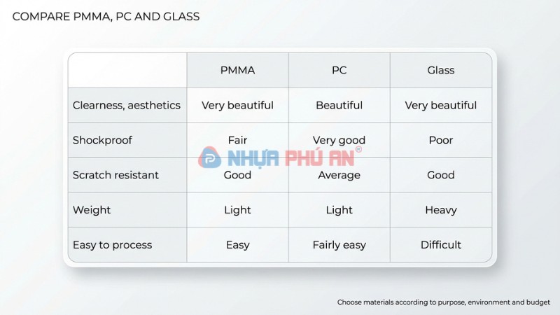 Bảng so sánh PMMA với Polycarbonate PC và kính theo độ trong, chống va đập, chống trầy, trọng lượng, dễ gia công