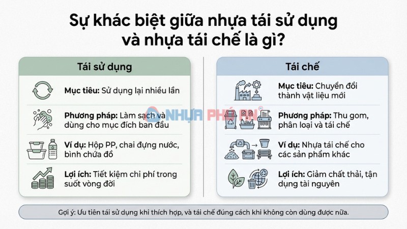 Infographic so sánh nhựa tái sử dụng và tái chế theo mục tiêu cách làm ví dụ và lợi ích