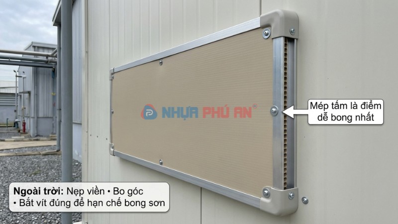 Ảnh Danpla sơn ngoài trời có nẹp viền bo góc và bắt vít đúng để hạn chế bong sơn