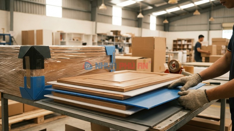 Tấm nhựa Danpla dùng làm tấm lót ngăn bảo vệ cánh tủ bếp khi đóng gói vận chuyển