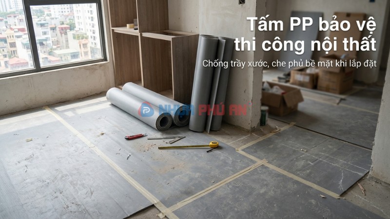 Ảnh công trình dùng tấm PP Danpla lót sàn bảo vệ thi công nội thất chống trầy xước