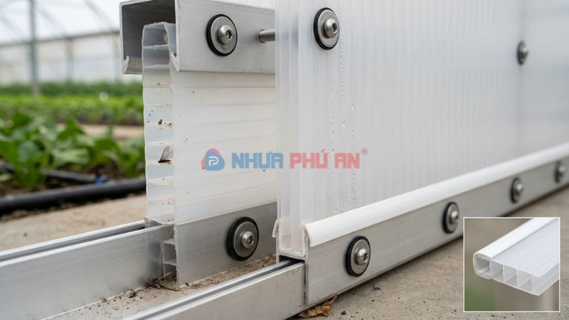 Chi tiết thi công tấm Danpla nhà kính với nẹp U vít long đền và bịt mép chống bụi côn trùng lọt khoang