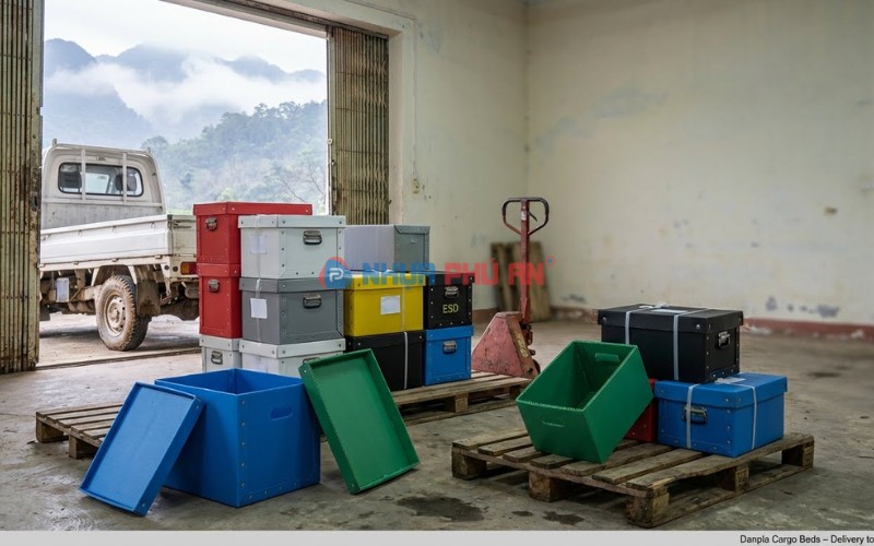 Thùng nhựa Danpla trong kho nhận hàng tại Cao Bằng, màu tự nhiên và vân sóng rõ