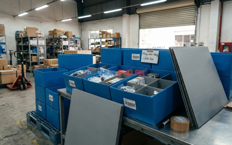 Thùng khay Danpla tái sử dụng có vách ngăn để phân loại và soạn hàng trong khu vực trung chuyển kho vận tại Việt Nam