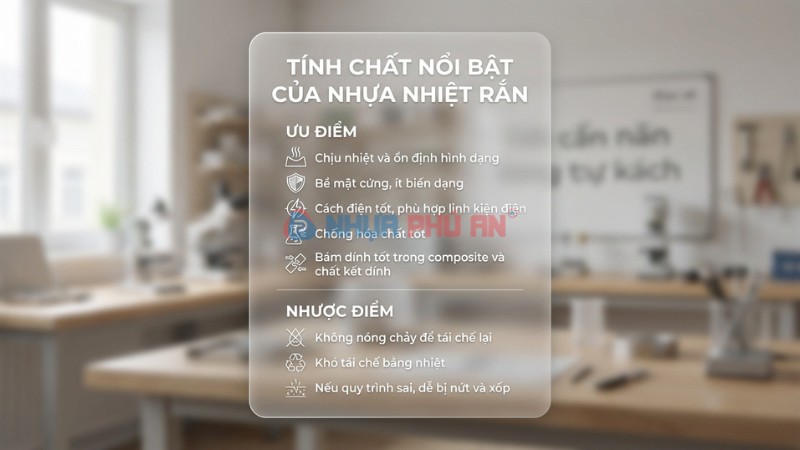 Infographic tính chất nhựa nhiệt rắn gồm điểm mạnh chịu nhiệt cách điện và hạn chế khó tái chế