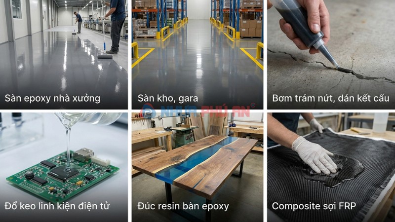 Collage ứng dụng epoxy: sàn nhà xưởng, sàn kho gara, bơm trám nứt, đổ keo linh kiện, đúc bàn epoxy, composite FRP