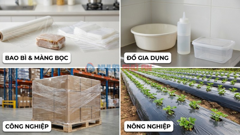 Collage ứng dụng nhựa PE trong bao bì gia dụng công nghiệp và nông nghiệp