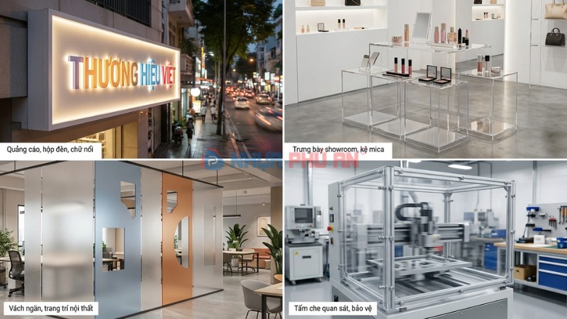 Collage ứng dụng nhựa PMMA trong quảng cáo hộp đèn, trưng bày showroom, vách ngăn nội thất, tấm che bảo vệ