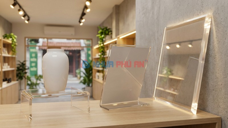 Ứng dụng tấm mica làm kệ trưng bày và bảng hiệu trong showroom