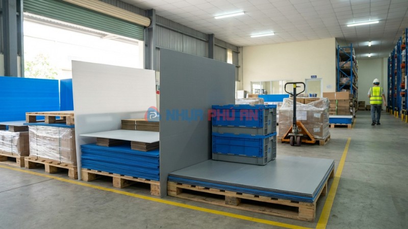 Ứng dụng tấm nhựa Danpla làm tấm lót pallet và vách ngăn kho xưởng