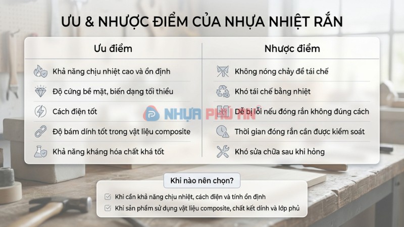 Infographic ưu nhược điểm của nhựa nhiệt rắn và gợi ý khi nào nên chọn theo nhu cầu chịu nhiệt cách điện