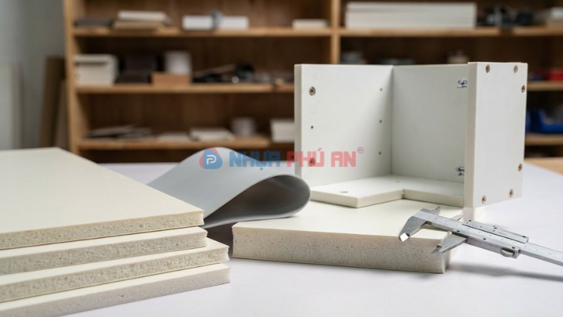 Mẫu vật liệu nhựa làm thùng tủ bếp gồm tấm PVC foam và tấm PP dạng tấm