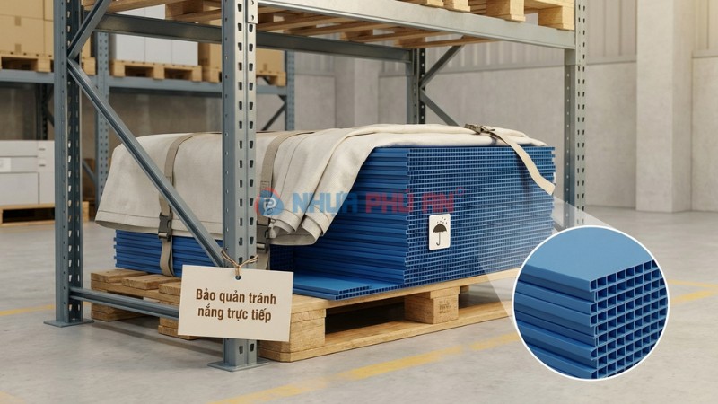 Bảo quản tấm Danpla đúng cách bằng cách che phủ và xếp gọn trong kho để kéo dài tuổi thọ