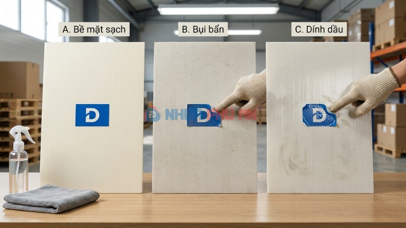 So sánh bề mặt Danpla sạch, bụi bẩn và dính dầu khi dán decal logo