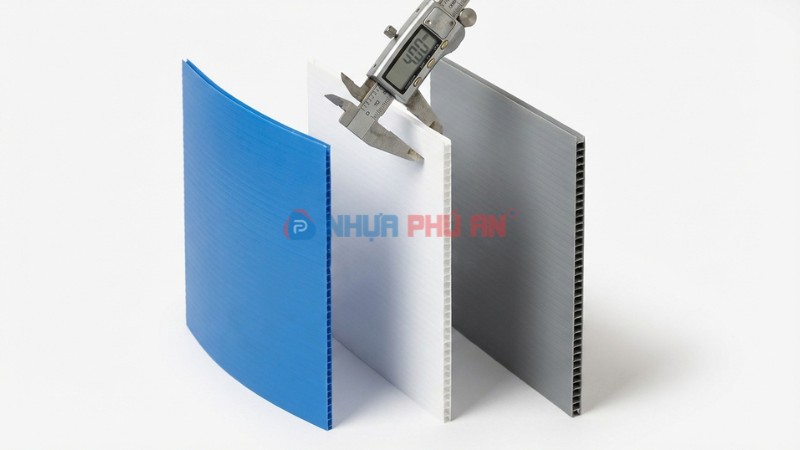 So sánh tấm Danpla 3mm 4mm 5mm và đo độ dày bằng thước kẹp để chọn độ cứng