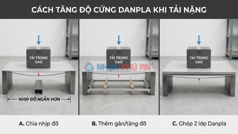 Minh họa các cách tăng độ cứng Danpla khi chịu tải nặng như tăng gân tăng đỡ chia nhịp và ghép lớp