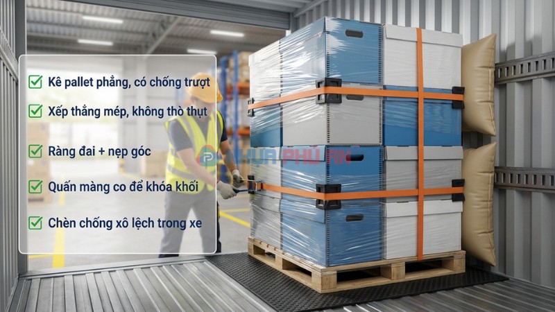 Cách xếp chồng và cố định thùng Danpla khi vận chuyển