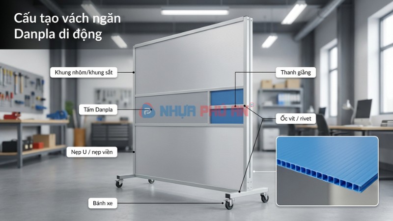 Cấu tạo của vách ngăn di động bằng tấm nhựa danpla