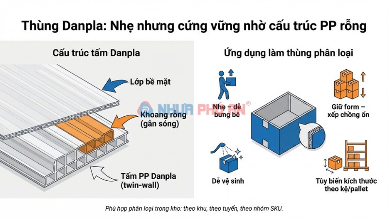 Sơ đồ cấu trúc nhựa PP Danpla dạng rỗng twin-wall và lợi ích khi làm thùng phân loại trong kho