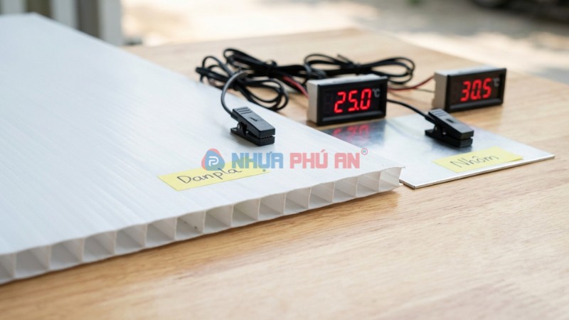 Cận cảnh cấu trúc rỗng ruột của tấm nhựa Danpla và so sánh đo nhiệt với nhôm