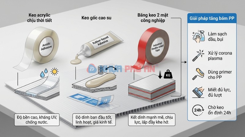 Minh họa chọn keo dán decal trên nhựa Danpla PP và giải pháp tăng bám