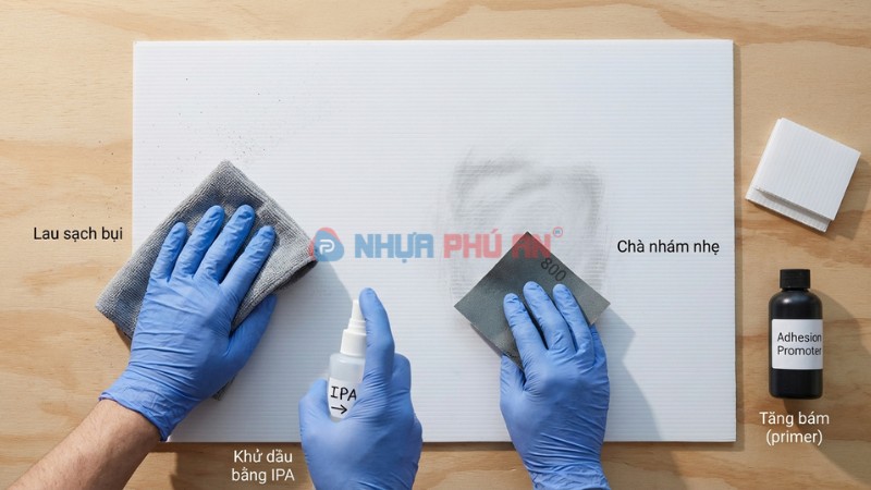 Chuẩn bị bề mặt tấm Danpla trước khi dán keo