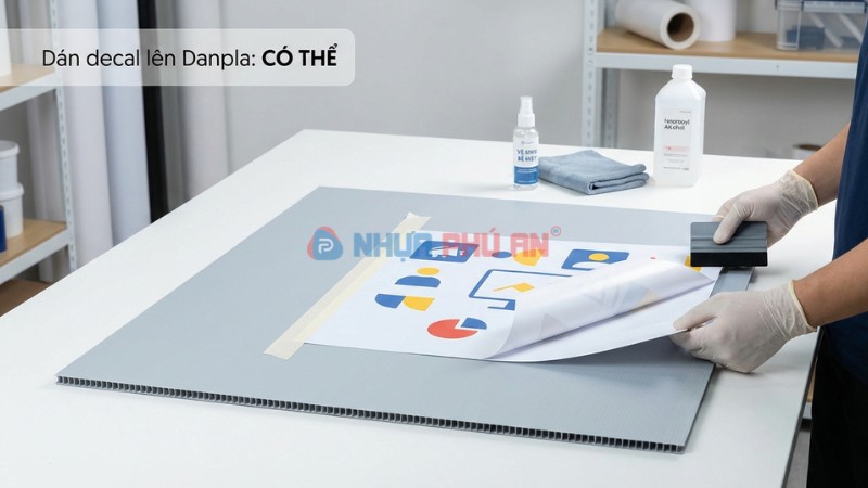 Minh họa dán decal đã in sẵn lên tấm nhựa Danpla corrugated PP