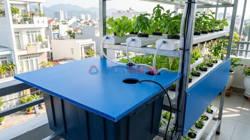 Tấm nhựa Danpla che bồn thủy canh và quản lý ống dây gọn gàng