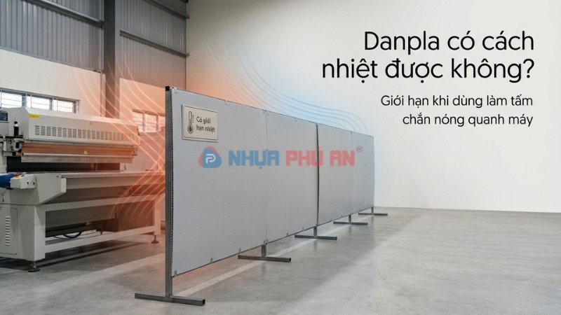 Tấm nhựa Danpla làm tấm chắn nóng quanh máy trong nhà xưởng, minh họa luồng nhiệt và giới hạn sử dụng thực tế