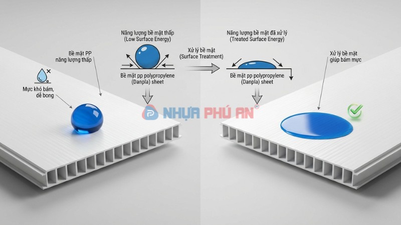 Minh họa vì sao nhựa Danpla PP khó bám mực