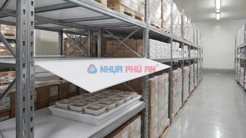 Tấm nhựa Danpla làm tấm lót kệ ngăn tầng trong kho mát ngành thực phẩm sạch dễ vệ sinh