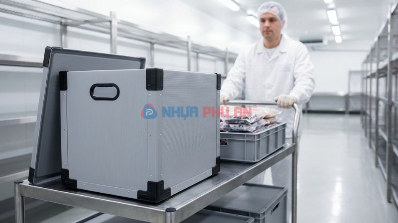 Thùng khay nhựa Danpla luân chuyển nội bộ trong kho mát ngành thực phẩm sạch dễ vệ sinh